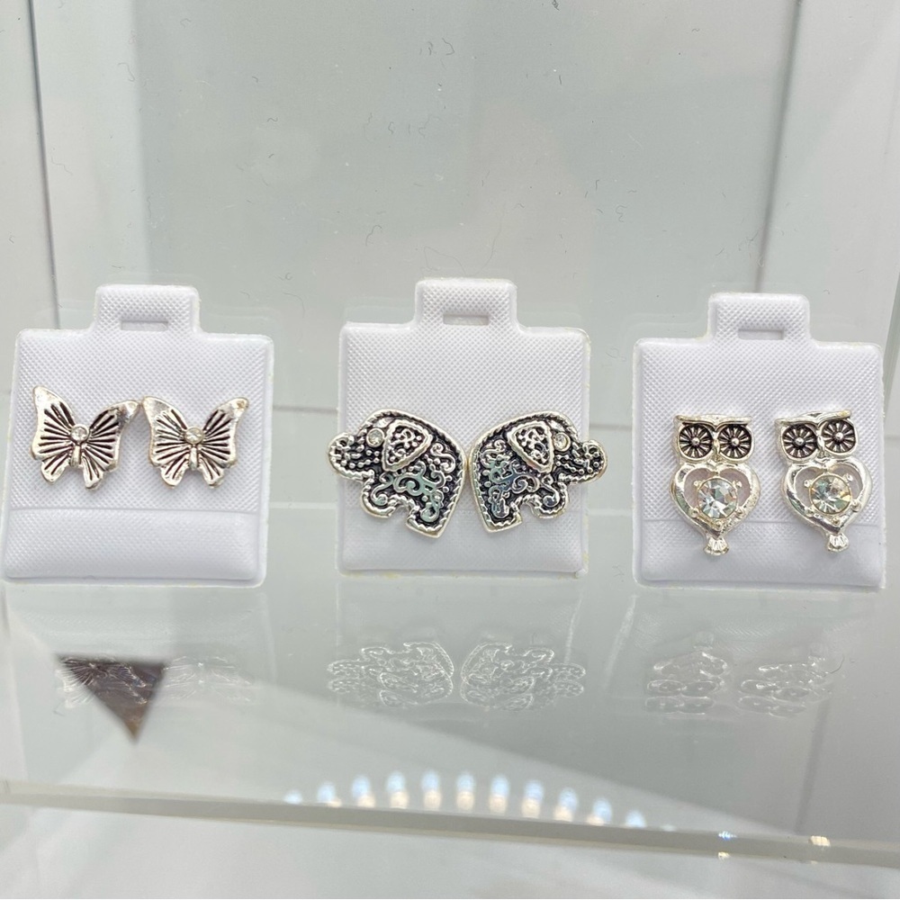 Butterfly/ Elephant/ Owl Silver-Tone & Rhinestone Stud Pierced Earrings Set of 3